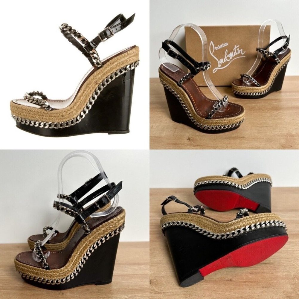 Christian Louboutin Black Patent Leather Espadrille Wedge Sandals